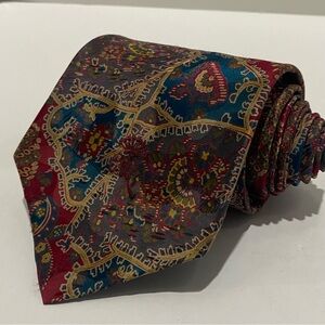 VTG Countess Mara 100% Silk Tie Burgundy Teal Tan Ornate Geometric Made in USA